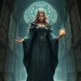 A powerful female sorceress standing before a grand, ancient library, her eyes scanning the endless rows of books, her hands glowing with arcane knowledge, the walls adorned with intricate runes and symbols.