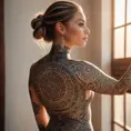 A stunning tattooed woman with intricate mandala patterns covering her arms, back, and neck, standing in a sunlit room with soft, warm lighting accentuating her detailed tattoos.