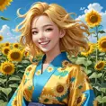 A cheerful anime character with bright golden hair, dressed in a vibrant yukata, surrounded by a field of sunflowers under a clear blue sky, her laughter echoing through the fields.