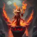 A captivating female fire sorceress, standing at the center of a mystical, floating island of fire, surrounded by cascading waterfalls of lava, her attire a masterpiece of fiery design, her stance regal, embodying the essence of fire magic.