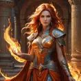 A stunning female fire sorceress, depicted in a grand, ancient temple, surrounded by pillars carved with fiery symbols, her attire a blend of flowing robes and fiery armor, her hair ablaze with ethereal fire, her expression serene yet powerful.