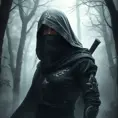 A captivating female ninja concealed within a mist-laden forest, her features partially obscured by a veil of fog, her attire a mix of stealthy dark fabrics and intricate silver detailing, the environment around her both haunting and enchanting