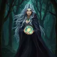 A stunning female witch, with long flowing silver hair and piercing emerald eyes, stands amidst a dense, enchanted forest at twilight, her cloak billowing around her as she holds a glowing crystal ball, the trees illuminated by a soft, mystical light.