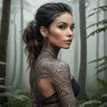 A striking tattooed woman with a tribal design that flows from her hands to her shoulders, standing in a misty forest, the patterns on her skin blending seamlessly with the natural surroundings.