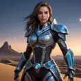 A captivating female rogue from StarCraft, standing at the edge of a vast, alien desert under a twilight sky, her armor adorned with intricate tribal patterns, a holographic map floating before her, her stance confident and ready for adventure.