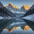 A serene mountain lake at dawn, surrounded by towering peaks dusted with snow, their reflections shimmering on the still water's surface.