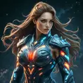 A portrait of Sarah Kerrigan as a powerful yet graceful warrior, her body adorned with intricate, biomechanical armor that pulsates with a soft, bioluminescent glow, her hair flowing like tendrils of smoke, captured in a moment of intense focus, with a backdrop of a star-filled galaxy.