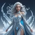 A stunning female ice sorceress standing atop a frozen lake, her hair flowing like icy tendrils in the wind, surrounded by intricate ice sculptures that glow with a blue-white light, capturing the essence of her magical prowess.