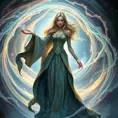 A stunning female sorceress standing amidst a swirling vortex of iridescent magic, her eyes glowing with ancient wisdom, wearing a flowing gown adorned with celestial symbols, the background a tapestry of stars and galaxies.