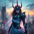 Sarah Kerrigan, the Queen of Blades, depicted in a stunning digital painting, her form cloaked in a flowing, ethereal gown that shimmers with the colors of a nebula, her eyes glowing with a fierce, yet captivating, blue light, set against a backdrop of a futuristic cityscape at twilight, with neon lights reflecting off her armor.