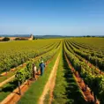 A sprawling, vibrant vineyard at harvest time, rows of grapevines stretching to the horizon under a clear, blue sky, with workers bustling among the vines.