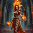 A stunning female fire sorceress, depicted in a grand, ancient temple, surrounded by pillars carved with fiery symbols, her attire a blend of flowing robes and fiery armor, her hair ablaze with ethereal fire, her expression serene yet powerful.