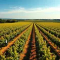 A sprawling, vibrant vineyard at harvest time, rows of grapevines stretching to the horizon under a clear, blue sky, with workers bustling among the vines.