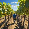 A sprawling, vibrant vineyard at harvest time, rows of grapevines stretching to the horizon under a clear, blue sky, with workers bustling among the vines.