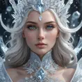 A close-up of a beautiful female ice sorceress, her skin pale as snow, adorned with intricate ice patterns that seem to move and breathe, her expression serene yet powerful, surrounded by a halo of floating ice crystals.