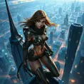 A breathtaking female rogue from StarCraft, perched atop a towering skyscraper overlooking a sprawling cybernetic cityscape, the wind tousling her hair, her gaze distant yet sharp, her body poised for action, the city lights twinkling below.