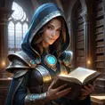 A mesmerizing female rogue from StarCraft, cloaked in shadows within a grand, ancient library filled with holographic scrolls and digital artifacts, her hands gently touching a glowing ancient tome, her face partially hidden, revealing a mysterious smile.