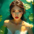 A gorgeous model with a serene expression, floating in a tranquil pool of water, surrounded by lily pads and soft, diffused sunlight creating a halo effect around her.