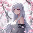 A serene anime character with long silver hair, standing amidst a cherry blossom forest, the petals swirling around her in a gentle breeze, her eyes reflecting the soft pink hues of the blossoms.