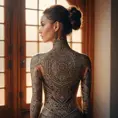 A stunning tattooed woman with intricate mandala patterns covering her arms, back, and neck, standing in a sunlit room with soft, warm lighting accentuating her detailed tattoos.