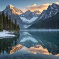 A serene mountain lake at dawn, surrounded by towering peaks dusted with snow, their reflections shimmering on the still water's surface.