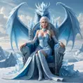 A majestic view of a female ice sorceress seated on a throne made of ice, her presence commanding and regal, with ice dragons circling above her in a frozen sky, the landscape below a vast, icy tundra.