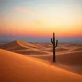 A vast, golden desert under a twilight sky, with dunes sculpted by the wind and a solitary cactus standing vigil.