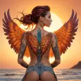 A captivating tattooed woman with a phoenix rising from her back, its wings spread wide, standing at sunrise, the colors of her tattoo mirroring the fiery hues of the dawn.