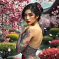 A beautiful tattooed woman with a full sleeve of vibrant cherry blossoms winding up her arm, standing against a backdrop of a serene Japanese garden, the petals gently falling around her.