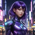 A mysterious anime character with deep purple hair, wearing a futuristic cybernetic suit, standing in a neon-lit cityscape at night, the glow reflecting off her eyes which seem to hold the secrets of the universe.