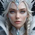 A close-up of a beautiful female ice sorceress, her skin pale as snow, adorned with intricate ice patterns that seem to move and breathe, her expression serene yet powerful, surrounded by a halo of floating ice crystals.