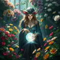 A beautiful female sorceress seated in a lush, overgrown garden, surrounded by blooming flowers of every color, her fingertips gently touching a crystal ball, the air around her shimmering with mystical energy.