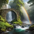 An ancient, moss-covered stone bridge arching over a cascading waterfall, with mist rising to meet a vibrant rainbow.