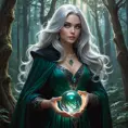 A stunning female witch, with long flowing silver hair and piercing emerald eyes, stands amidst a dense, enchanted forest at twilight, her cloak billowing around her as she holds a glowing crystal ball, the trees illuminated by a soft, mystical light.