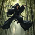 A breathtaking female ninja in a flowing, midnight-black kimono, gracefully leaping through a bamboo forest, the leaves shimmering with a magical glow, her movements fluid and precise, capturing the essence of both beauty and deadly skill