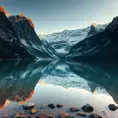 A serene mountain lake at dawn, surrounded by towering peaks dusted with snow, their reflections shimmering on the still water's surface.