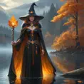 A majestic female witch, adorned in a cloak of autumn leaves, stands at the edge of a vast, misty lake, her staff topped with a glowing, pulsating gem, the water reflecting the vibrant colors of her attire and the surrounding forest.