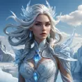 A stunning female ice sorceress standing atop a frozen lake, her hair flowing like icy tendrils in the wind, surrounded by intricate ice sculptures that glow with a blue-white light, capturing the essence of her magical prowess.