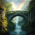 An ancient, moss-covered stone bridge arching over a cascading waterfall, with mist rising to meet a vibrant rainbow.