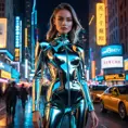 A mesmerizing model in a futuristic, metallic outfit, standing against a backdrop of a bustling city at night, neon lights reflecting off her glossy attire.