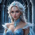 An ethereal portrait of a beautiful female ice sorceress, her eyes shimmering with a cold, blue light, wearing a gown made of frost and snowflakes, standing in a grand hall of ice pillars that reach towards a starry night sky.