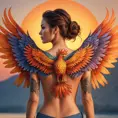 A captivating tattooed woman with a phoenix rising from her back, its wings spread wide, standing at sunrise, the colors of her tattoo mirroring the fiery hues of the dawn.