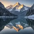 A serene mountain lake at dawn, surrounded by towering peaks dusted with snow, their reflections shimmering on the still water's surface.