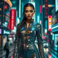 A mesmerizing model in a futuristic, metallic outfit, standing against a backdrop of a bustling city at night, neon lights reflecting off her glossy attire.