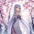 A serene anime character with long silver hair, standing amidst a cherry blossom forest, the petals swirling around her in a gentle breeze, her eyes reflecting the soft pink hues of the blossoms.