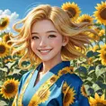 A cheerful anime character with bright golden hair, dressed in a vibrant yukata, surrounded by a field of sunflowers under a clear blue sky, her laughter echoing through the fields.