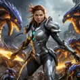 Sarah Kerrigan, the ruler of the Swarm, portrayed in a dynamic action shot, her body contorted in a battle stance, surrounded by a swarm of Zerglings, her armor detailed with the textures of chitinous plates and glowing veins, against a backdrop of a burning Terran colony.