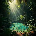 A lush, overgrown jungle clearing, where sunlight filters through dense foliage, illuminating a crystal-clear pool teeming with exotic wildlife.