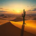 A vast, golden desert under a twilight sky, with dunes sculpted by the wind and a solitary cactus standing vigil.