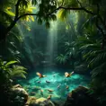 A lush, overgrown jungle clearing, where sunlight filters through dense foliage, illuminating a crystal-clear pool teeming with exotic wildlife.